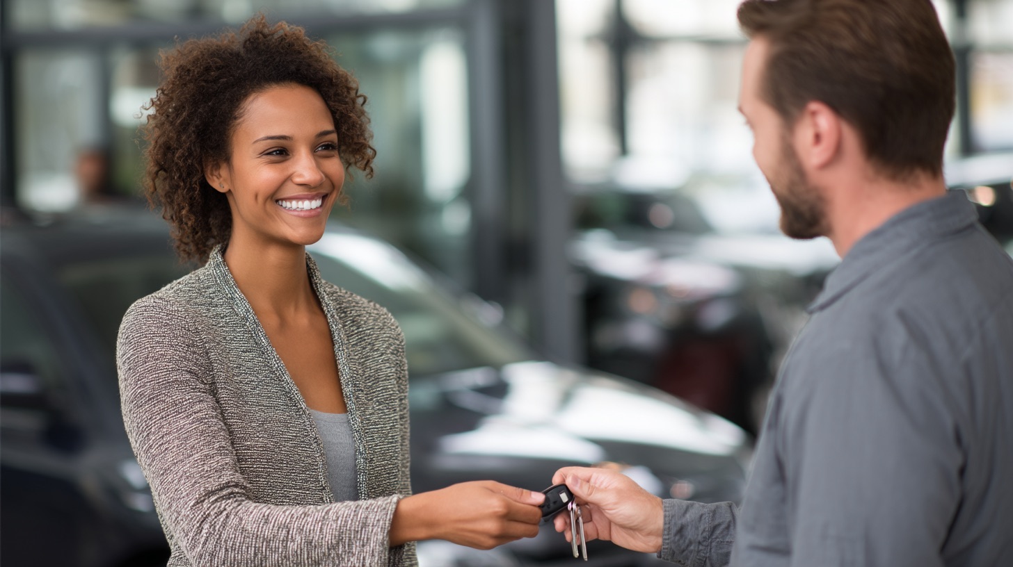 A clear, direct, and trustworthy scene focused on a vehicle trade-in at Napleton Downtown Chicago. A diverse customer (e.g., a male or female, any ethnicity, looking confident) is handing over the keys to their well-maintained pre-owned vehicle to a friendly, professional Napleton staff member (wearing clean, branded attire). The staff member accepts the keys with an open, transparent gesture, conveying a fair and honest exchange. The scene highlights the direct interaction and the physical representation of the trade-in, without any digital screens in focus. The background is a modern, clean dealership appraisal bay or outdoor lot, subtly showing other vehicles. The overall mood is practical, honest, and reassuring. Professional, crisp lighting, high resolution.